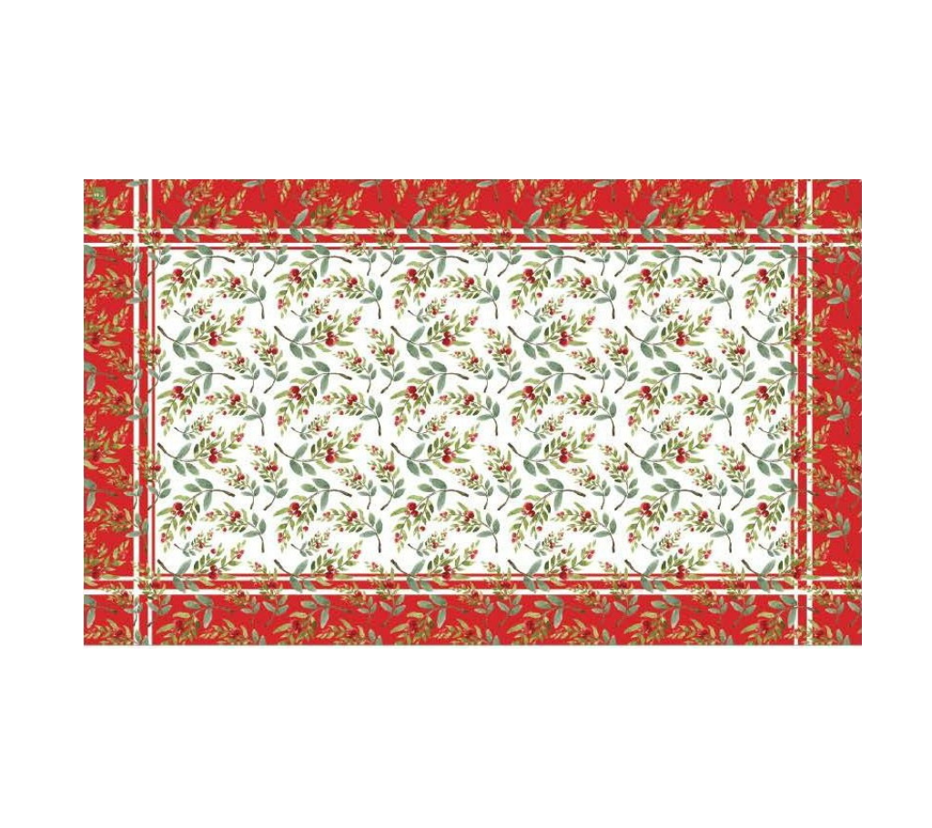 Mantel rectangular 10P en tela Navidad Muerdago Franja OW/Rojo/Verde
