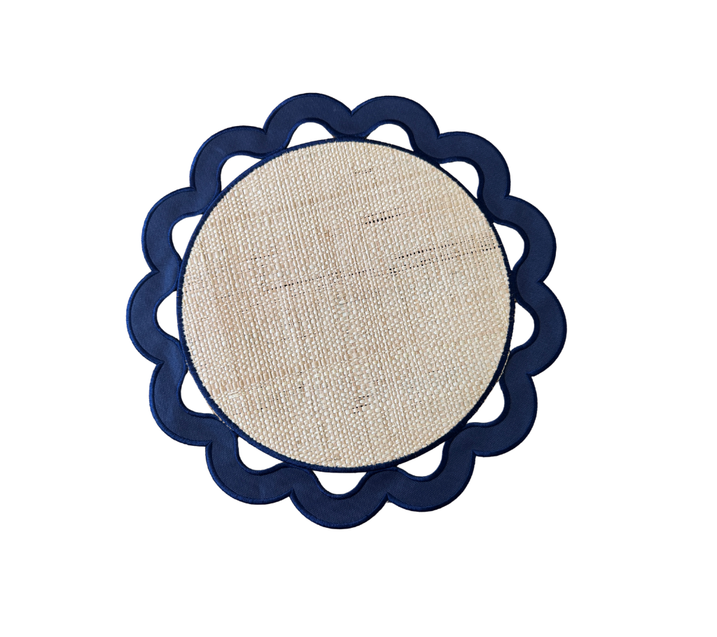 Individual reversible redondo en en lona y rafia Huecos AzulM/Beige