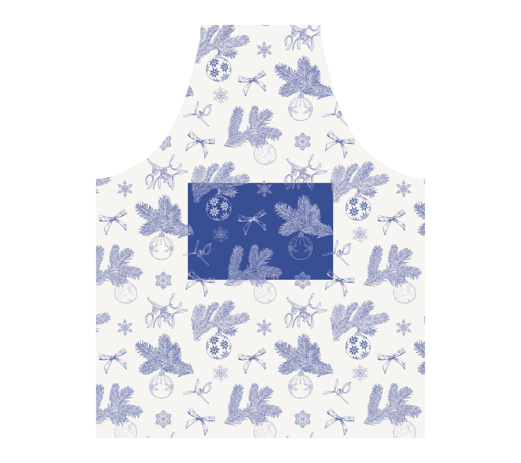 Delantal de tela Navidad Ramas/Bambalinas Azul/Blanco