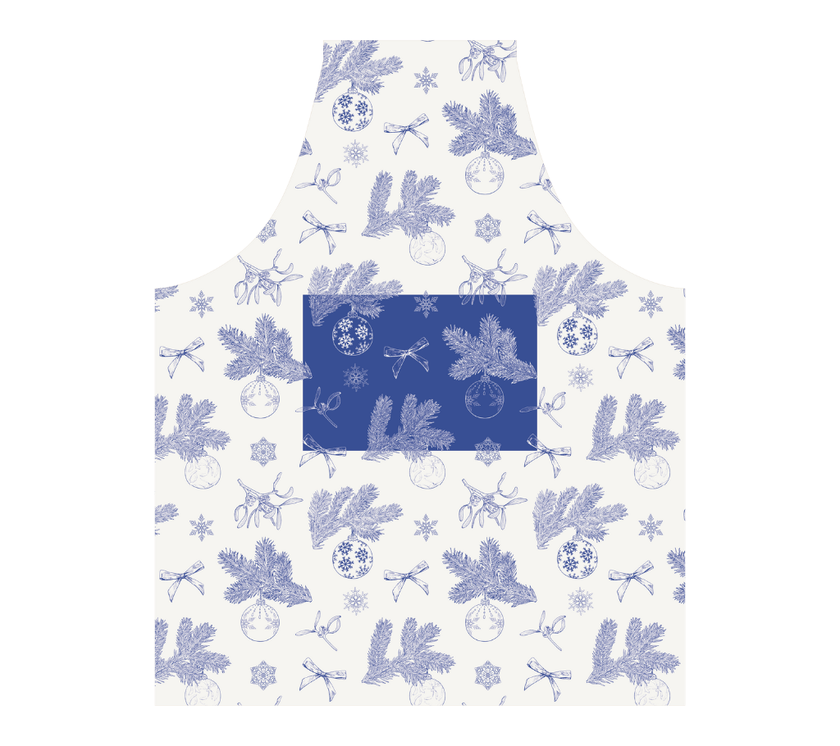 Delantal de tela Navidad Ramas/Bambalinas Azul/Blanco